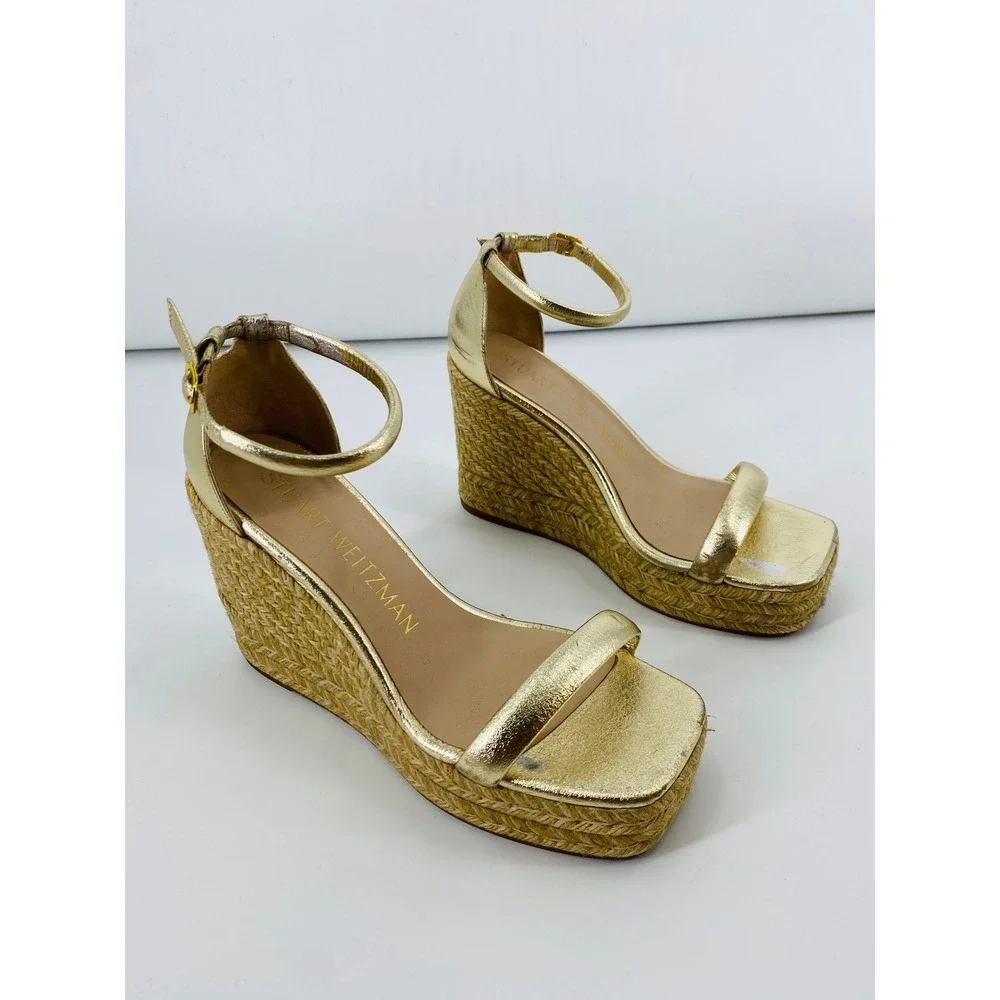 Stuart‎ Weitzman Wedge Sandals Gold Metallic Ankle Strap Espadrille Platform